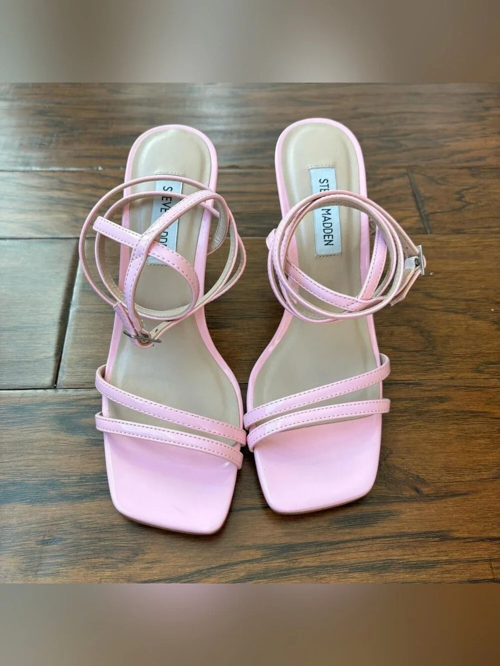 Steve Madden Pink Strappy Square-Toe Ankle-Tie Heels